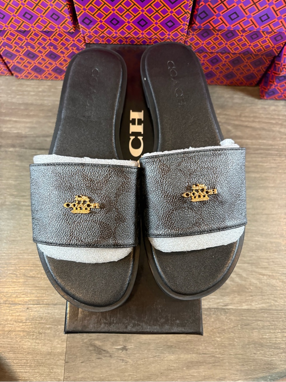 Coach Black Slide Sandals with Gold Logo Accent